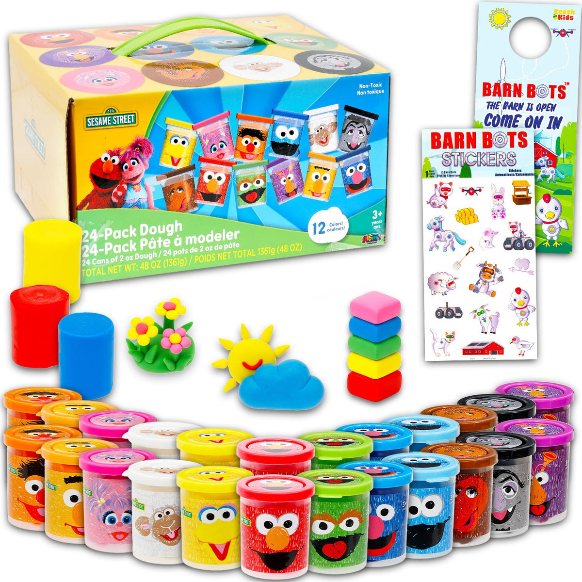 Sesame Street dough kit with 24 tubs for creative play and party activities.