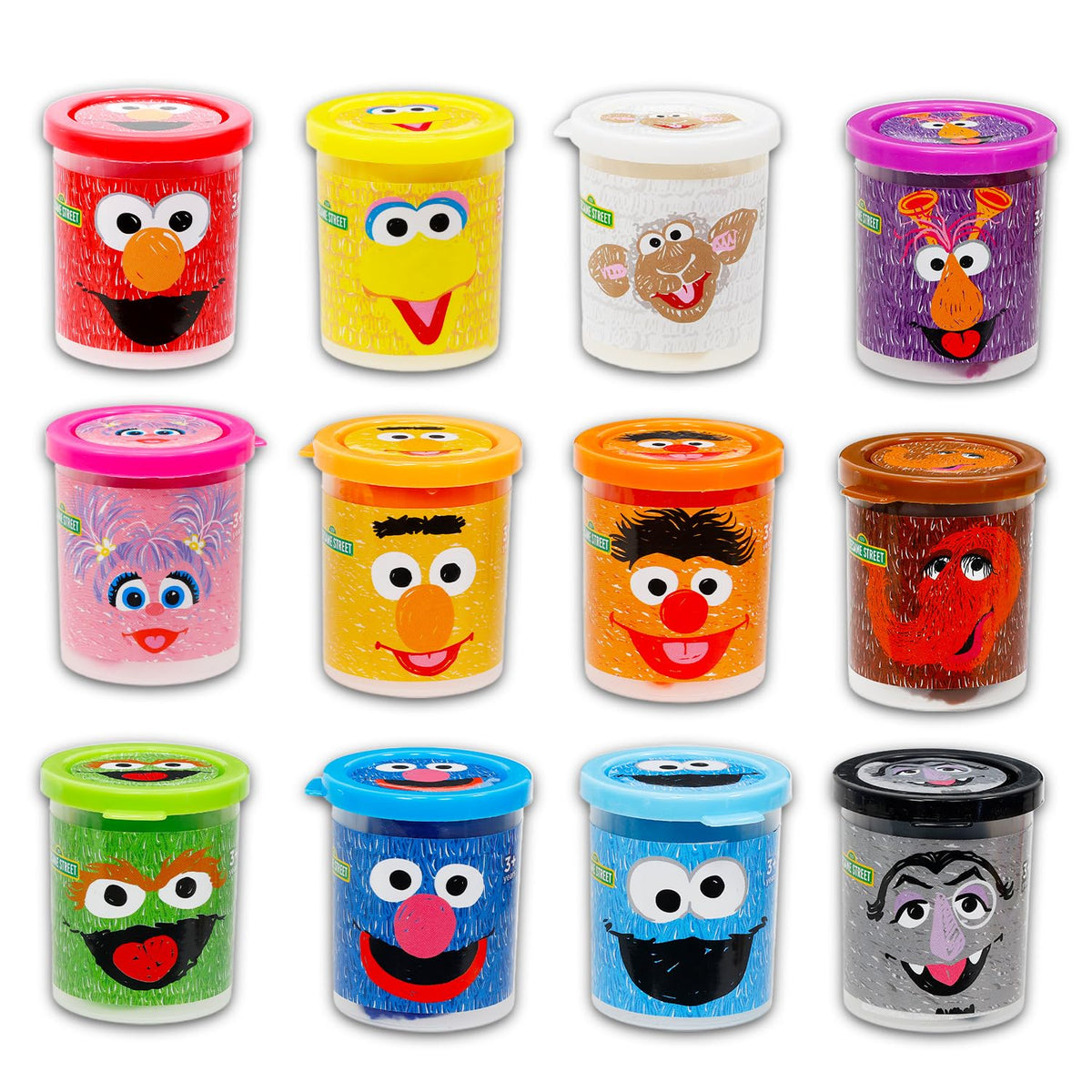 Sesame Street dough kit featuring Elmo, Cookie Monster, and Big Bird on tubs for engaging pretend play.
