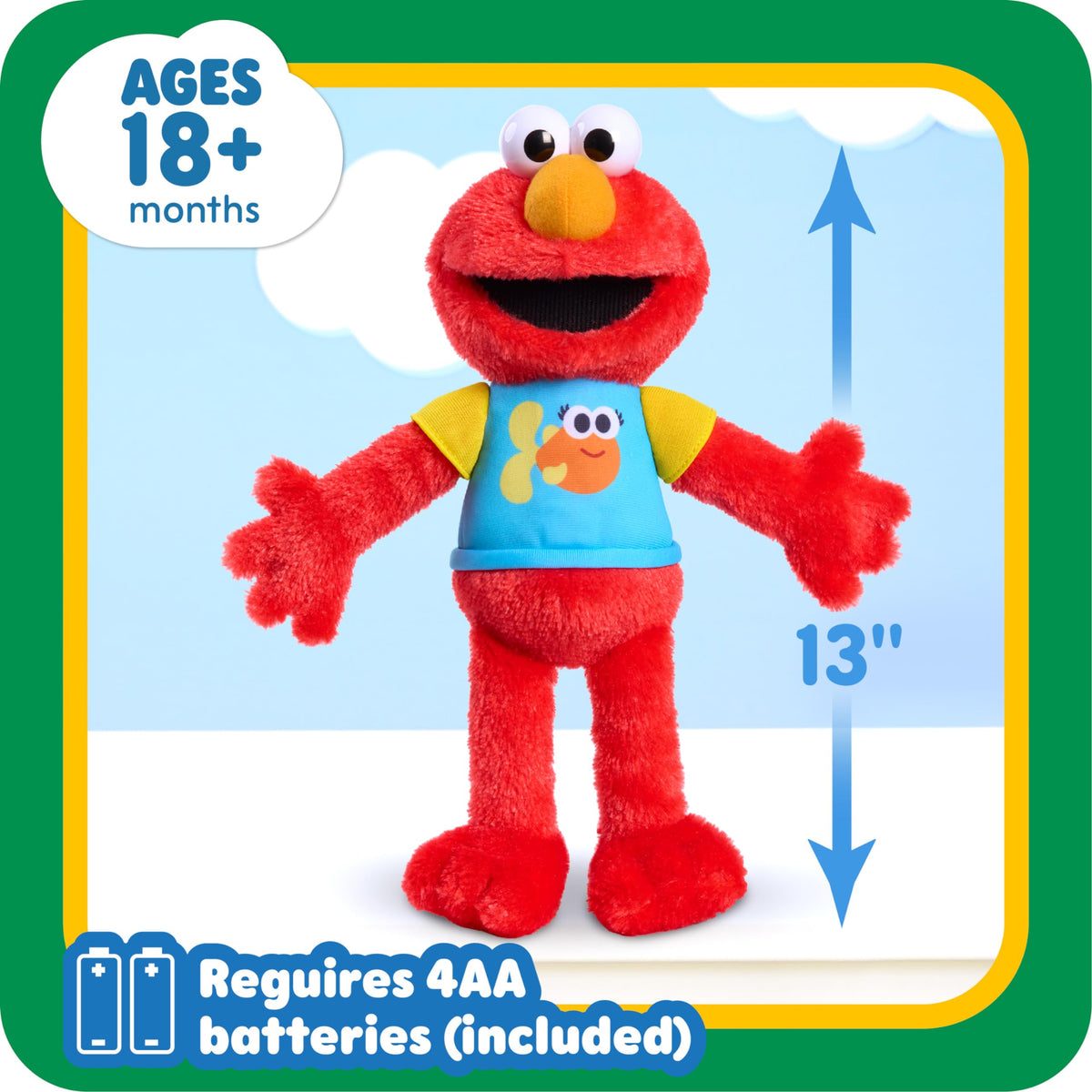 Elmo's LED chest light flashes in rhythm with sounds for visual engagement.