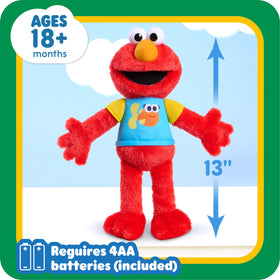 Elmo's LED chest light flashes in rhythm with sounds for visual engagement.