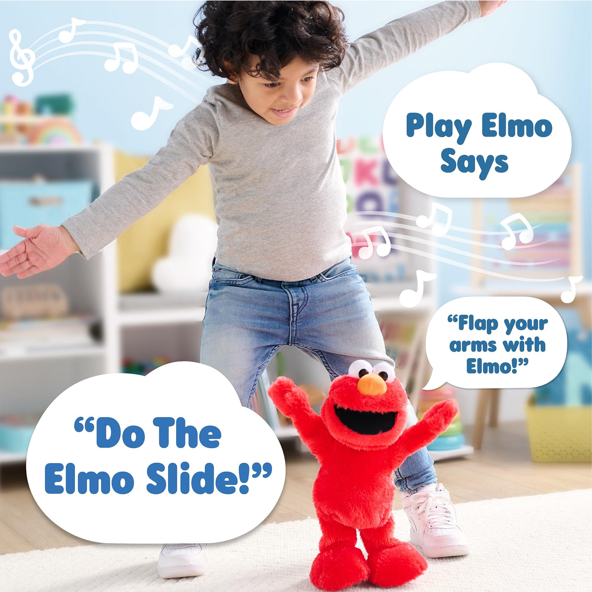 Sesame Street Elmo Slide 14-inch plush with bilingual English and Spanish option for language exposure.