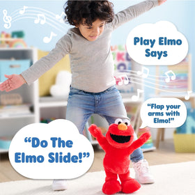 Sesame Street Elmo Slide 14-inch plush with bilingual English and Spanish option for language exposure.