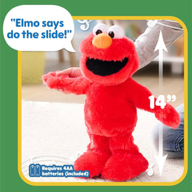 Sesame Street Elmo Slide plush left-hand activation highlighting the 'Elmo Slide' song feature for kids' rhythm.