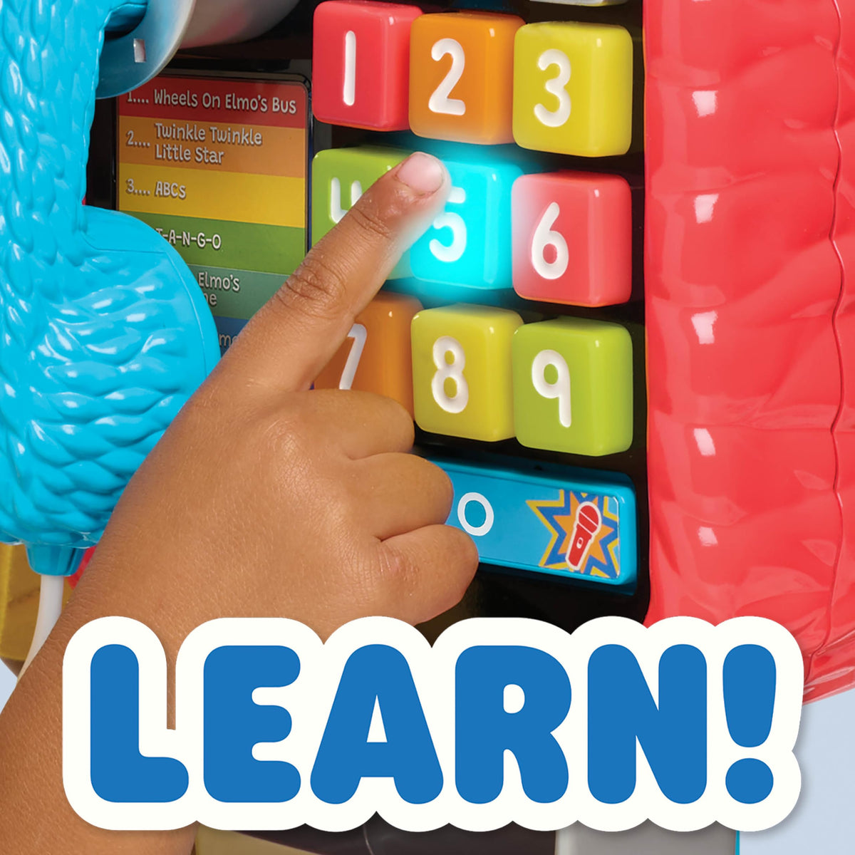 Sesame Street Elmo’s Sing & Learn Playphone karaoke mode button inviting singing along