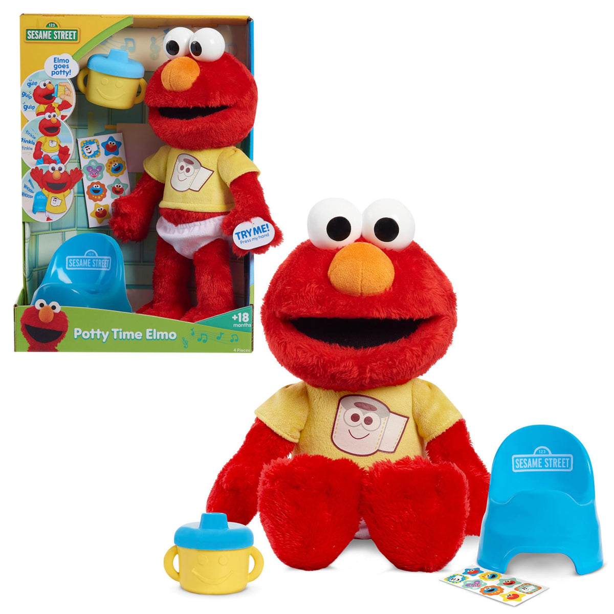 Sesame Street Potty Time Elmo plush cuddled with arms open for potty routine support.