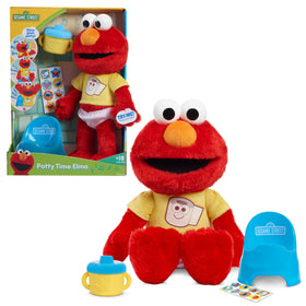 Sesame Street Potty Time Elmo plush cuddled with arms open for potty routine support.