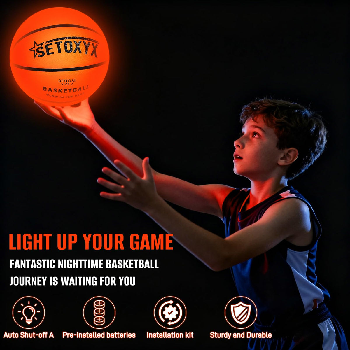 SETOXYX glow-in-the-dark basketball glowing brightly for outdoor night games