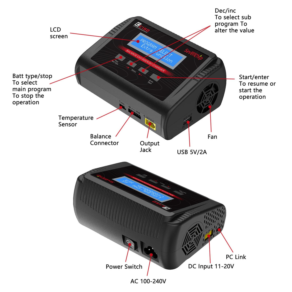 Sevenchip LiPo charger safety indicators and auto-protection features
