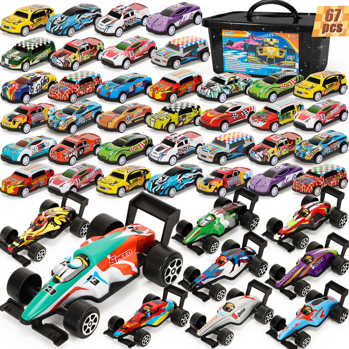 SevenQ Party Favors mini cars with storage box for tidy playtime.