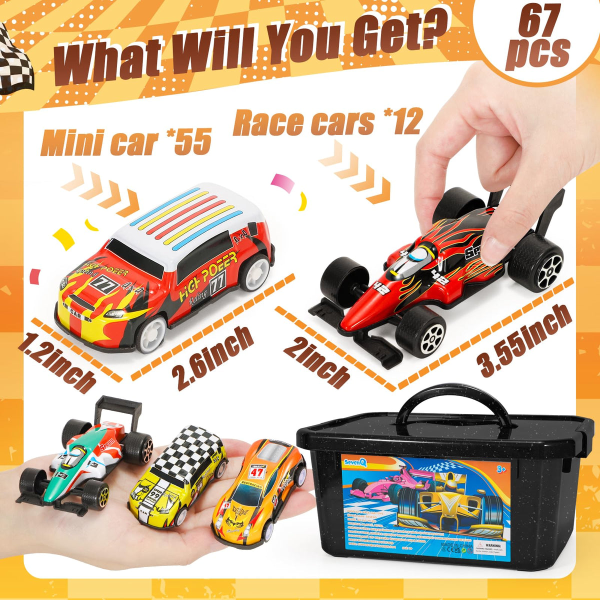 SevenQ storage box featuring race cars enables tidy, on-the-go play.