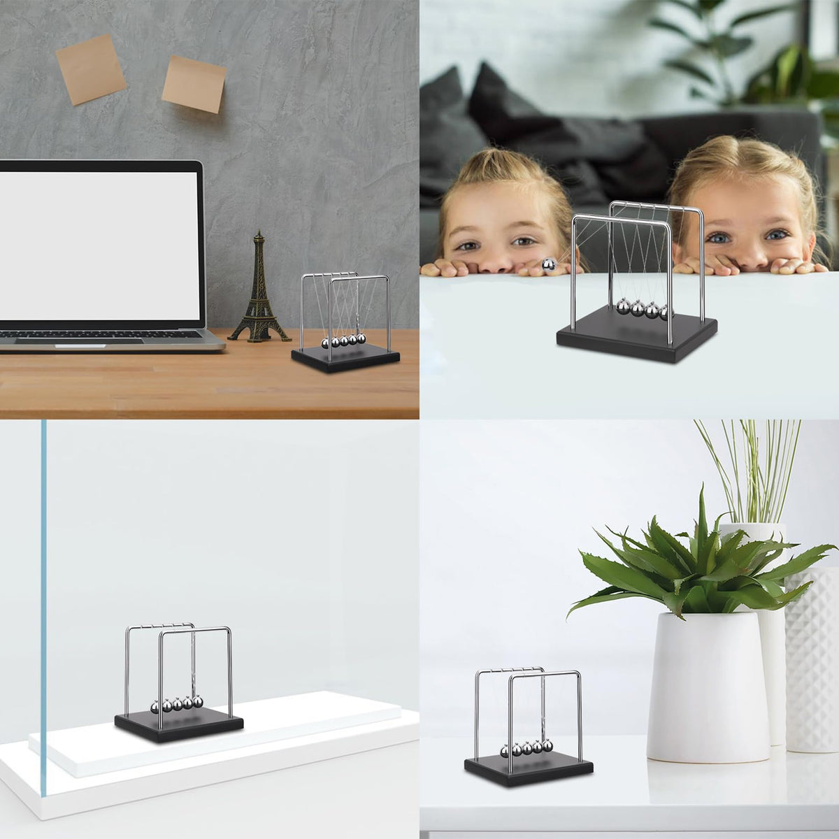 SEVNPRIME gravity demonstration balls shown on a tidy desk setup.