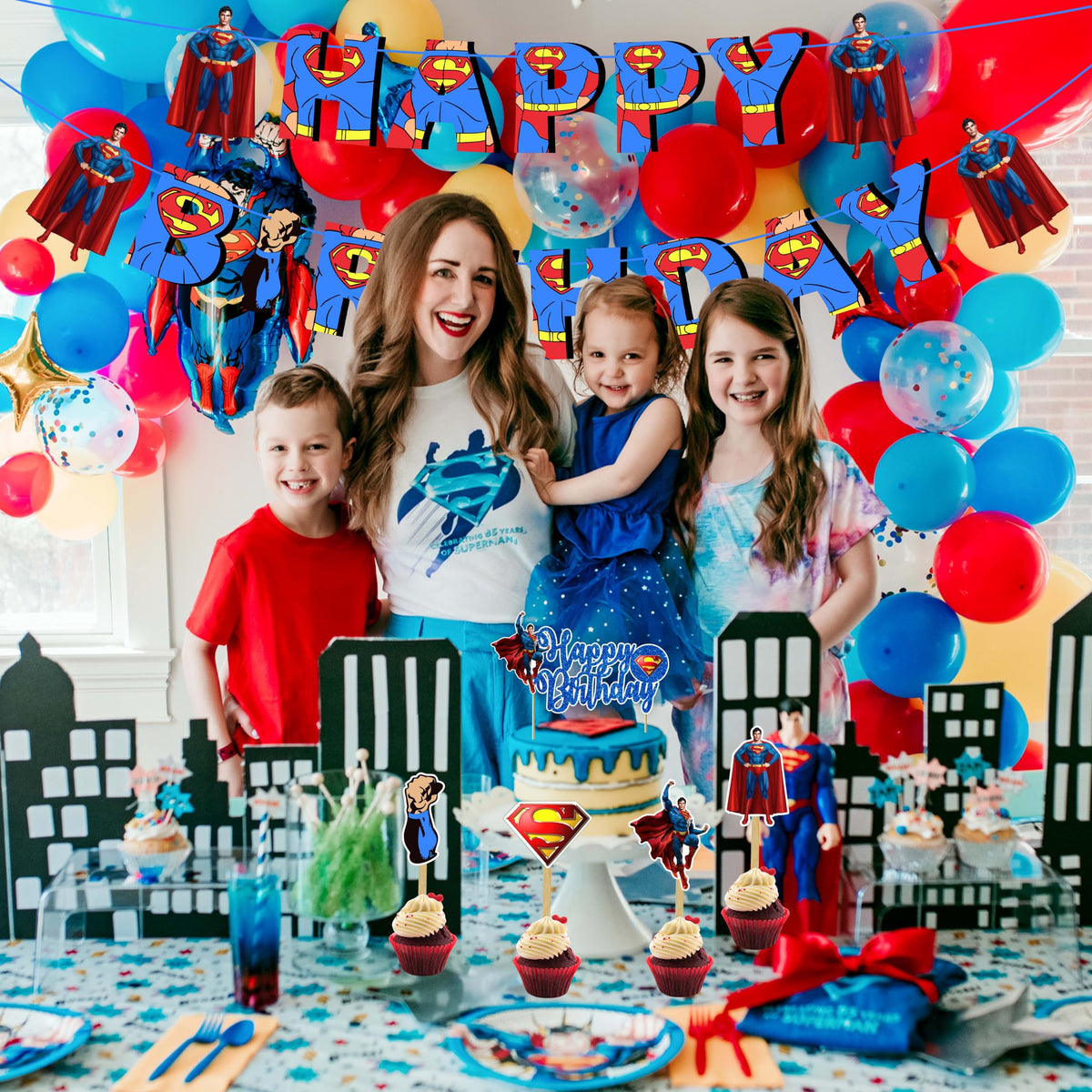 Seyal Suprmn cohesive party kit creates an instant hero ambiance