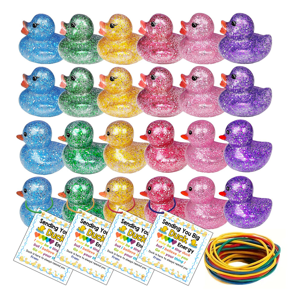Sezua 48-pack glitter rubber ducks bulk set for parties and gifts.