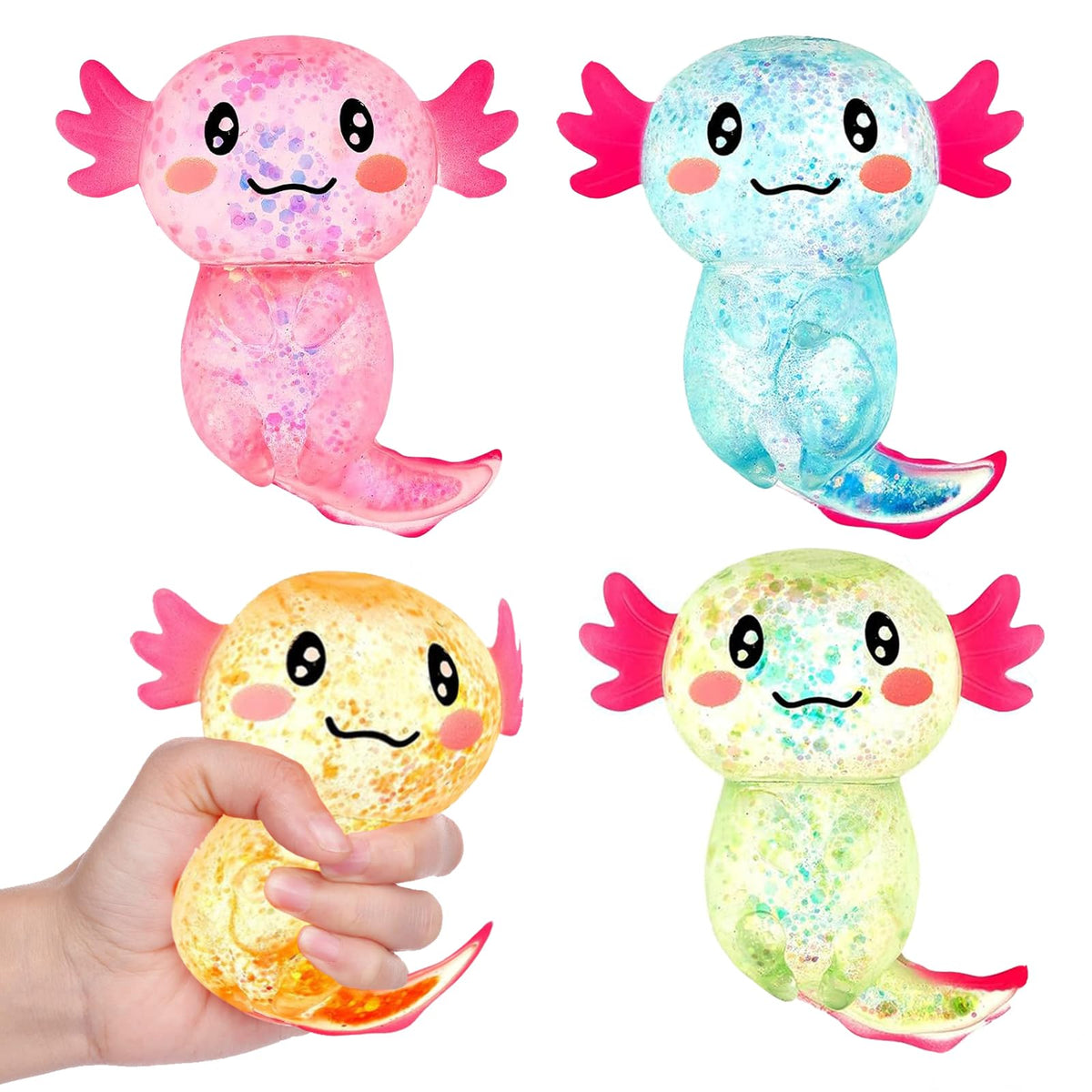 Sezua axolotl squishy pink in hand for stress relief