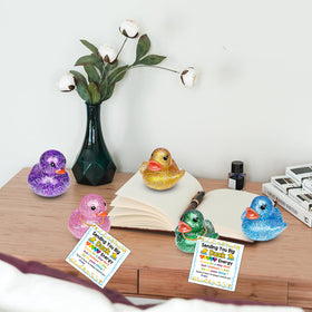 Sezua waterproof ducks with sealed glitter finish endure baths, pools, and outdoor play.
