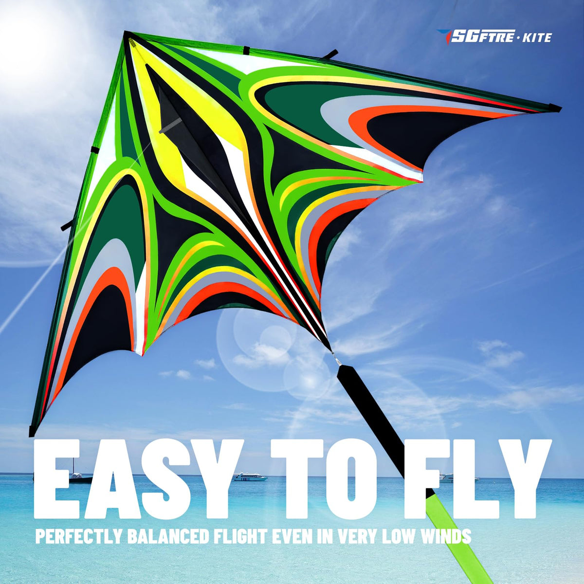 SGftre Delta Kite extra-large green triangle soars in open spaces.