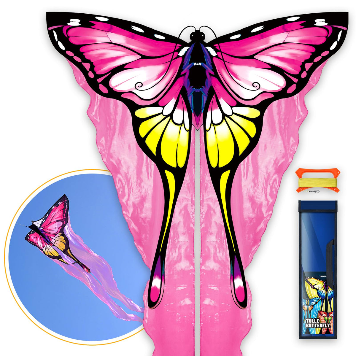 SGftre tulle butterfly kite pink in flight, easy for kids and adults