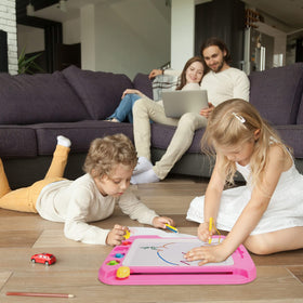 Stamps and board design keep accessories organized during creativity.