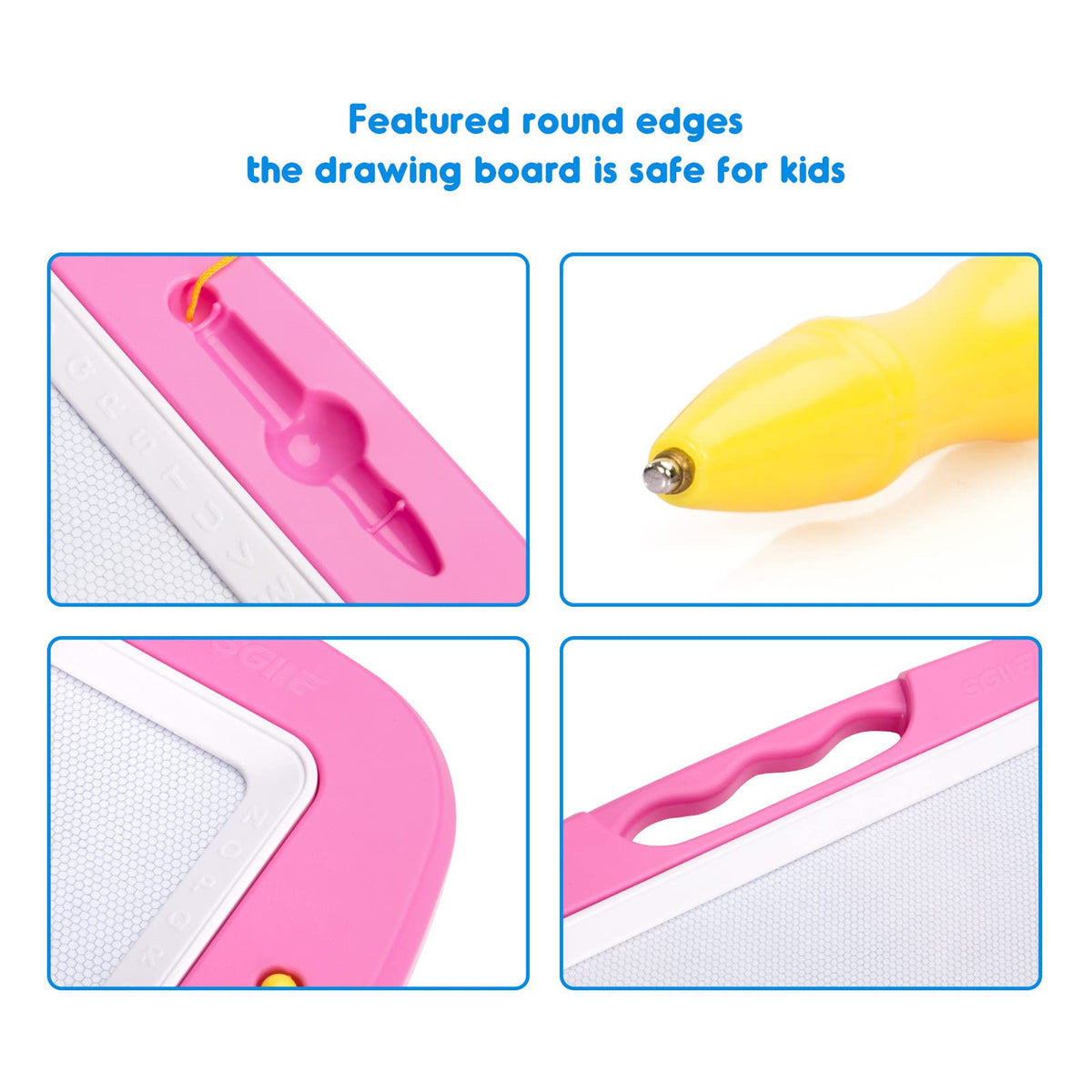 Bright pink frame adds friendly style for family-friendly creativity.