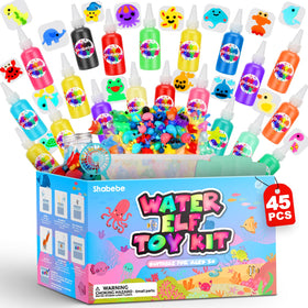 Shabebe magic water elf kit unboxing showing colorful gels for creative play.