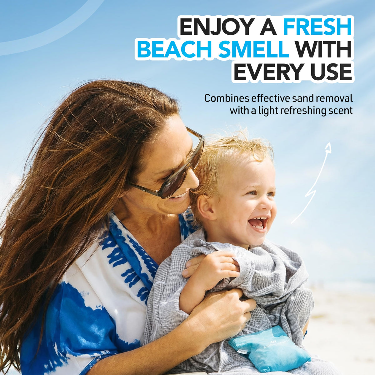 SHAKALO Sand Removal Bag attached to beach tote for portable cleanup