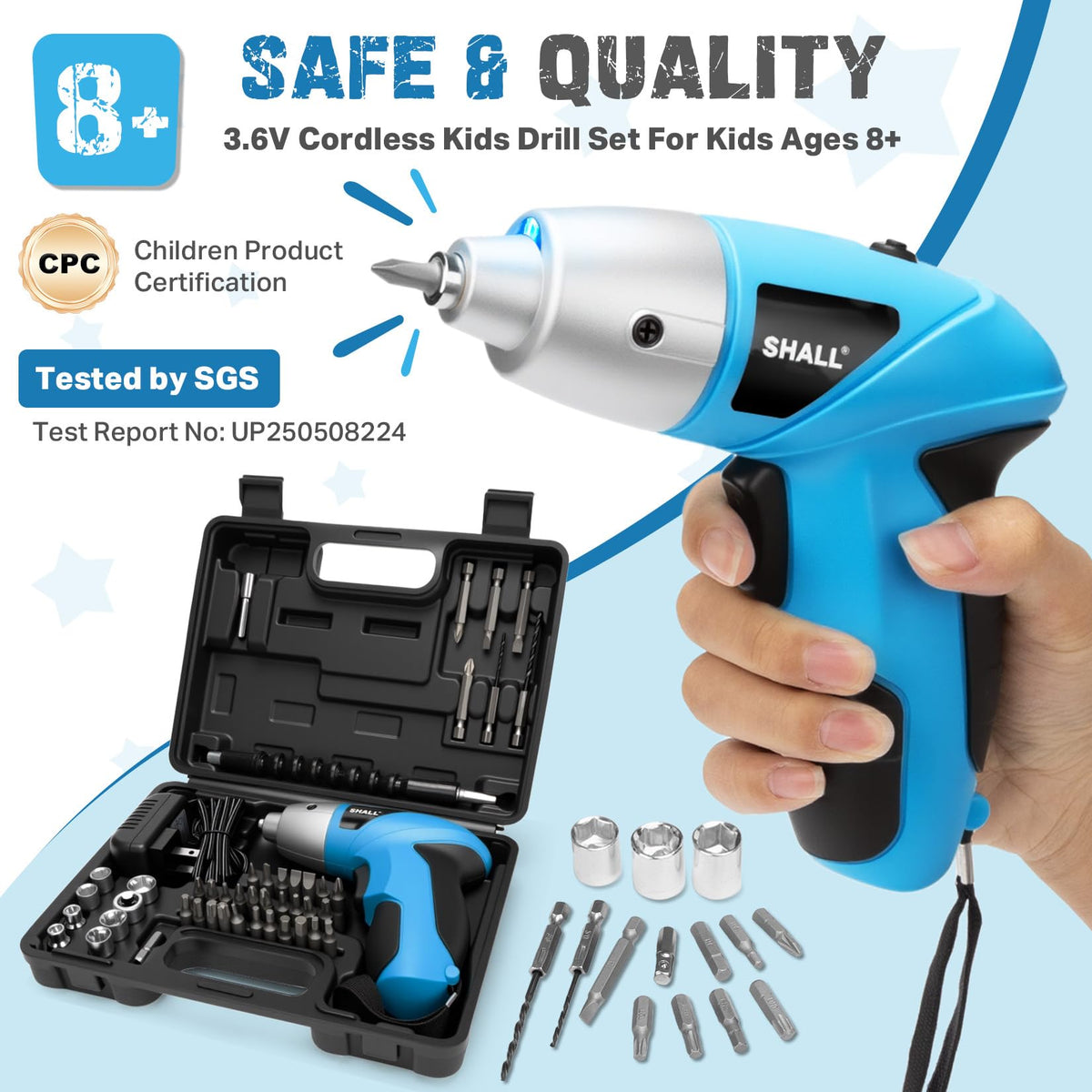 SHALL 45-piece accessory kit showing bits, sockets, and extensions for creative building