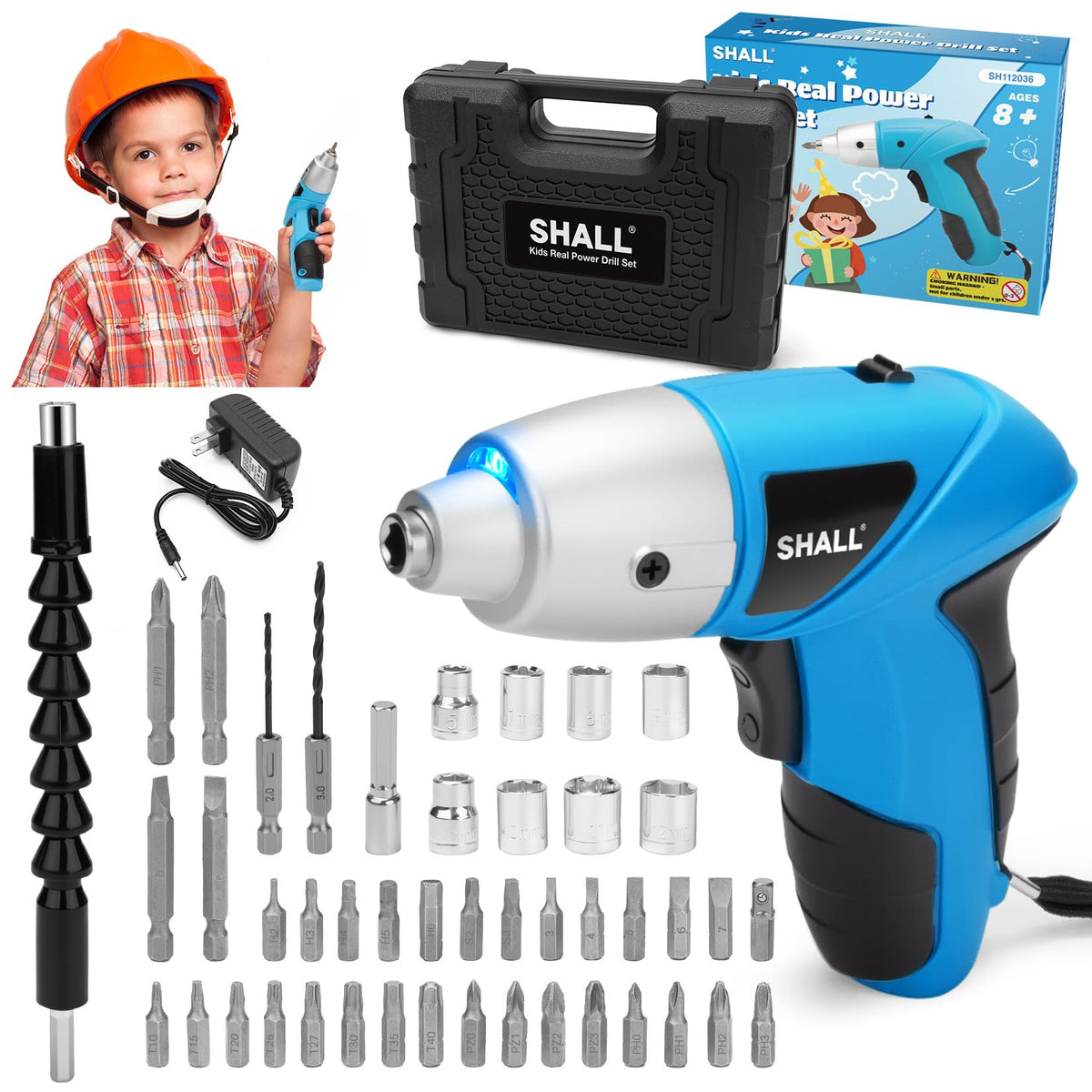 SHALL kids real cordless drill front view with safe design for young makers