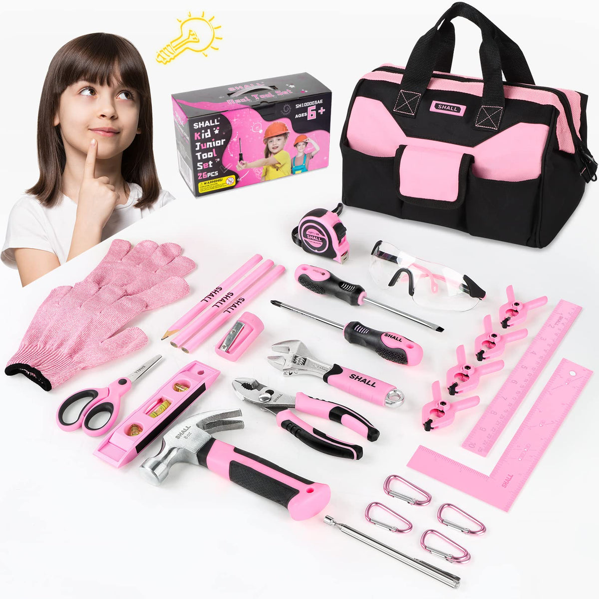 SHALL kid-sized tool set with pink bag for safe hands-on learning.