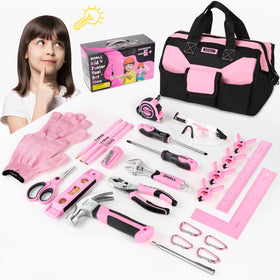 SHALL kid-sized tool set with pink bag for safe hands-on learning.