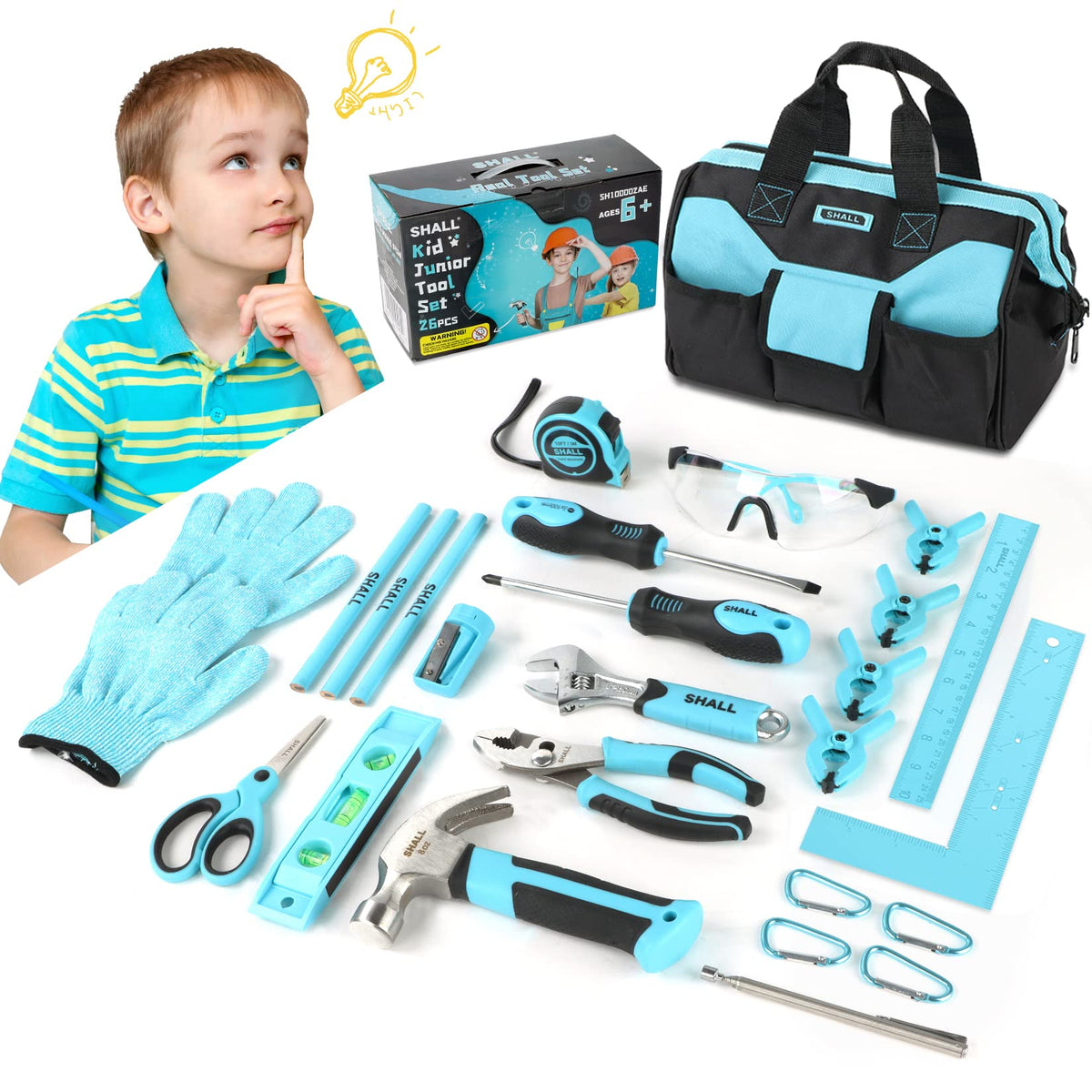 SHALL kids tool set pliers in hand, designed to fit small hands for easy grip.