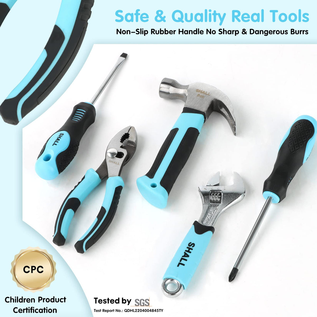 SHALL adjustable wrench in view, sized for young builders to practice safe turning.