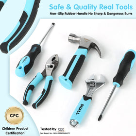 SHALL adjustable wrench in view, sized for young builders to practice safe turning.