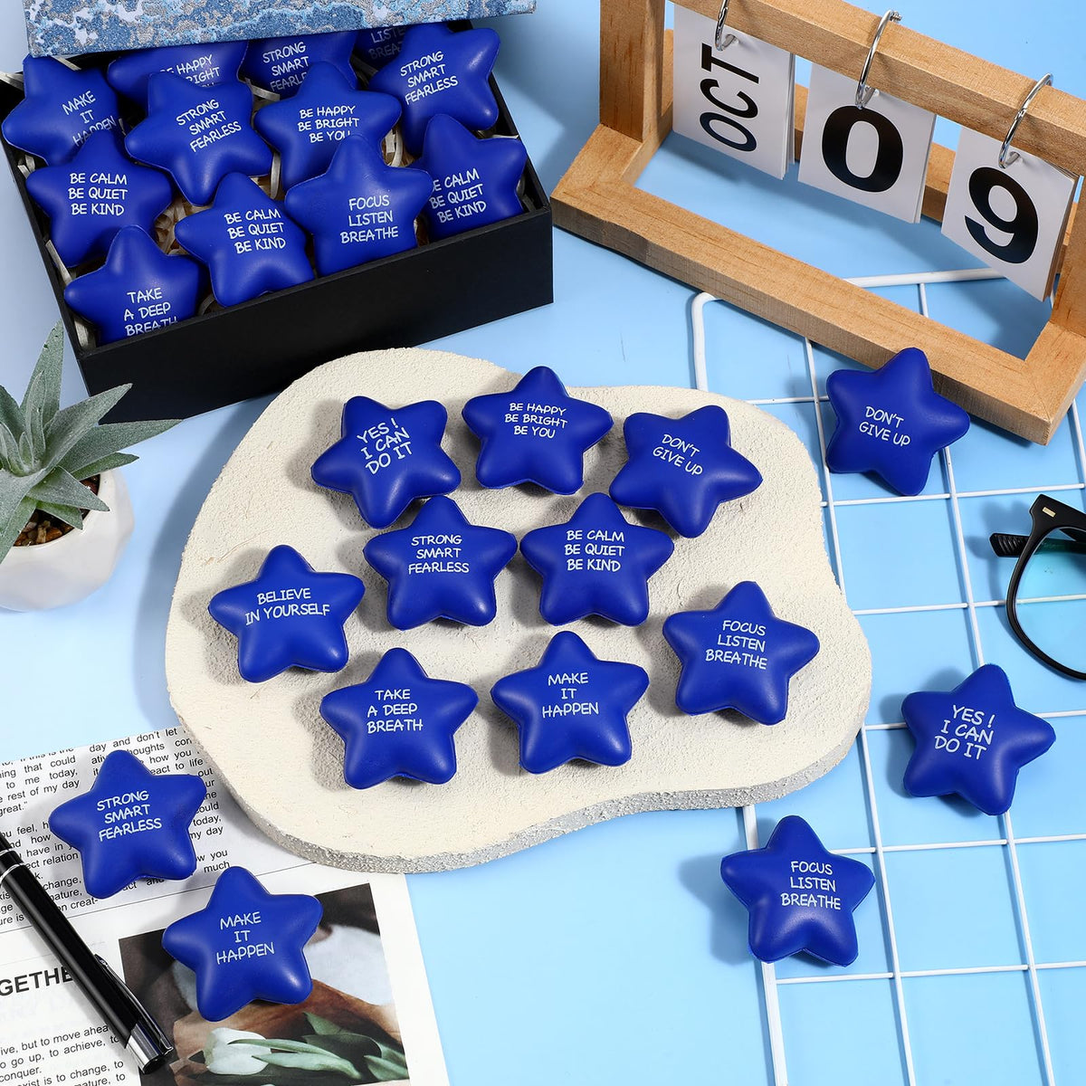 Shappy blue star stress ball with quotes to boost motivation.