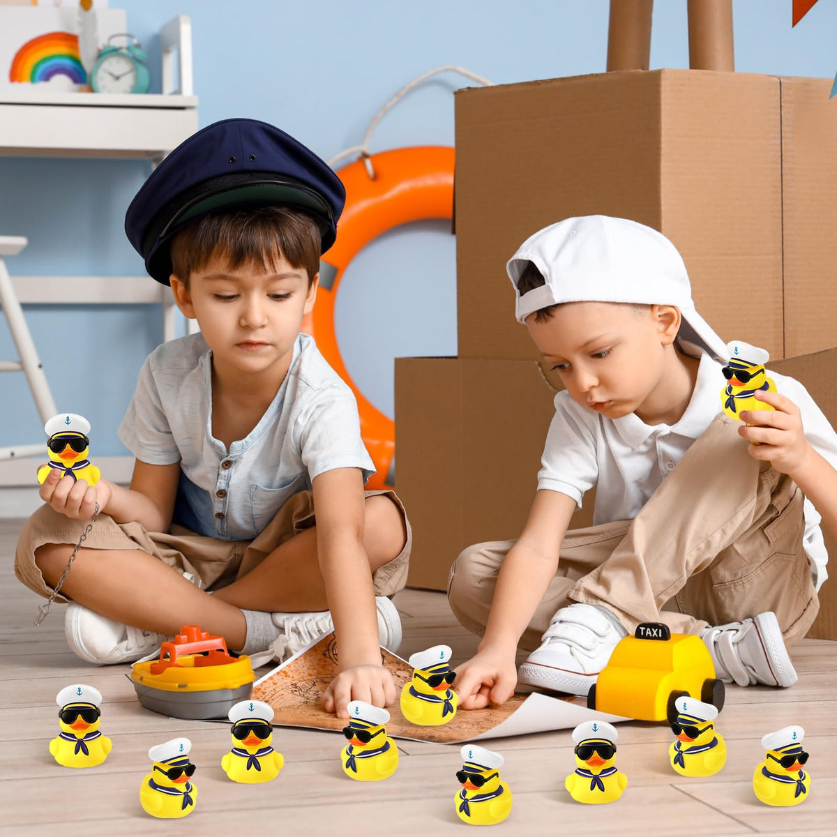 Shappy cruise-themed party decorations with bright yellow ducks.