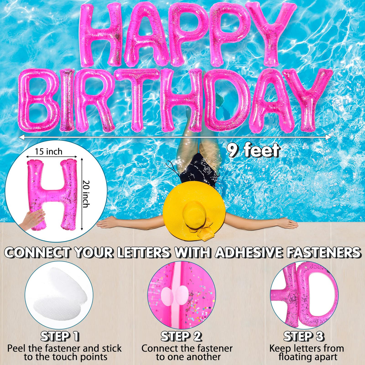 Shappy glitter sequins letters create eye-catching pool party decor