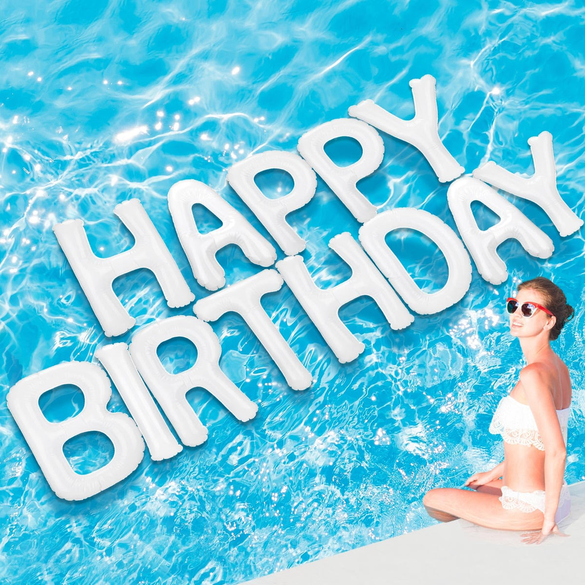 Shappy Happy Birthday letters pool floats create a vibrant pool backdrop for summer celebrations.