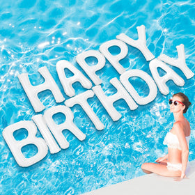 Shappy Happy Birthday letters pool floats create a vibrant pool backdrop for summer celebrations.