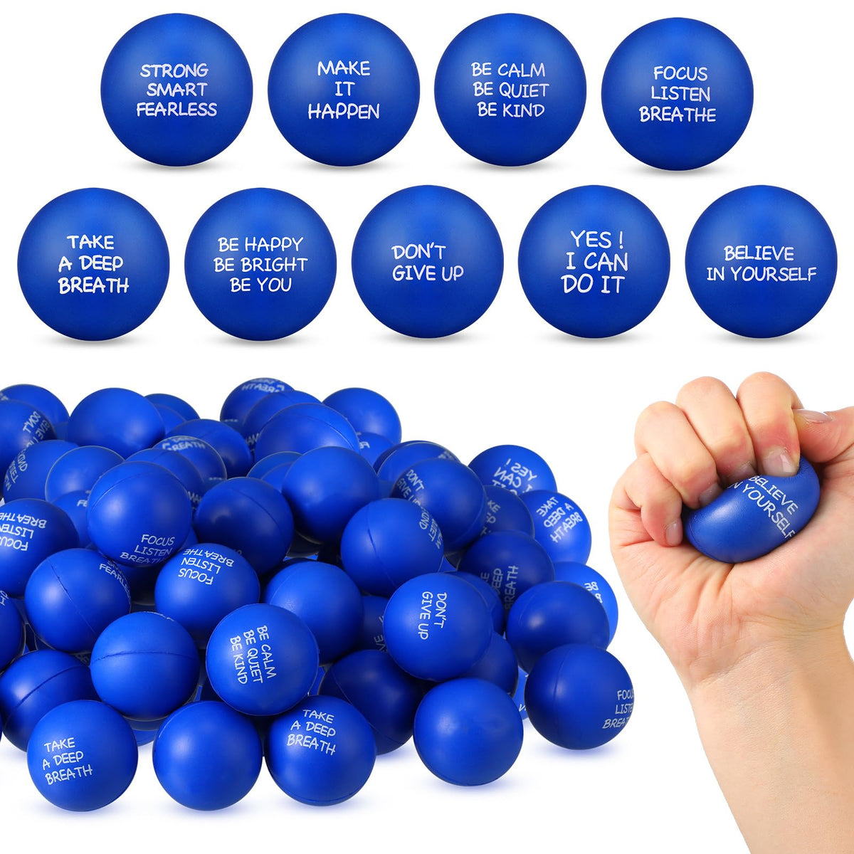 Shappy 72-piece inspirational stress balls set for adults on a desk