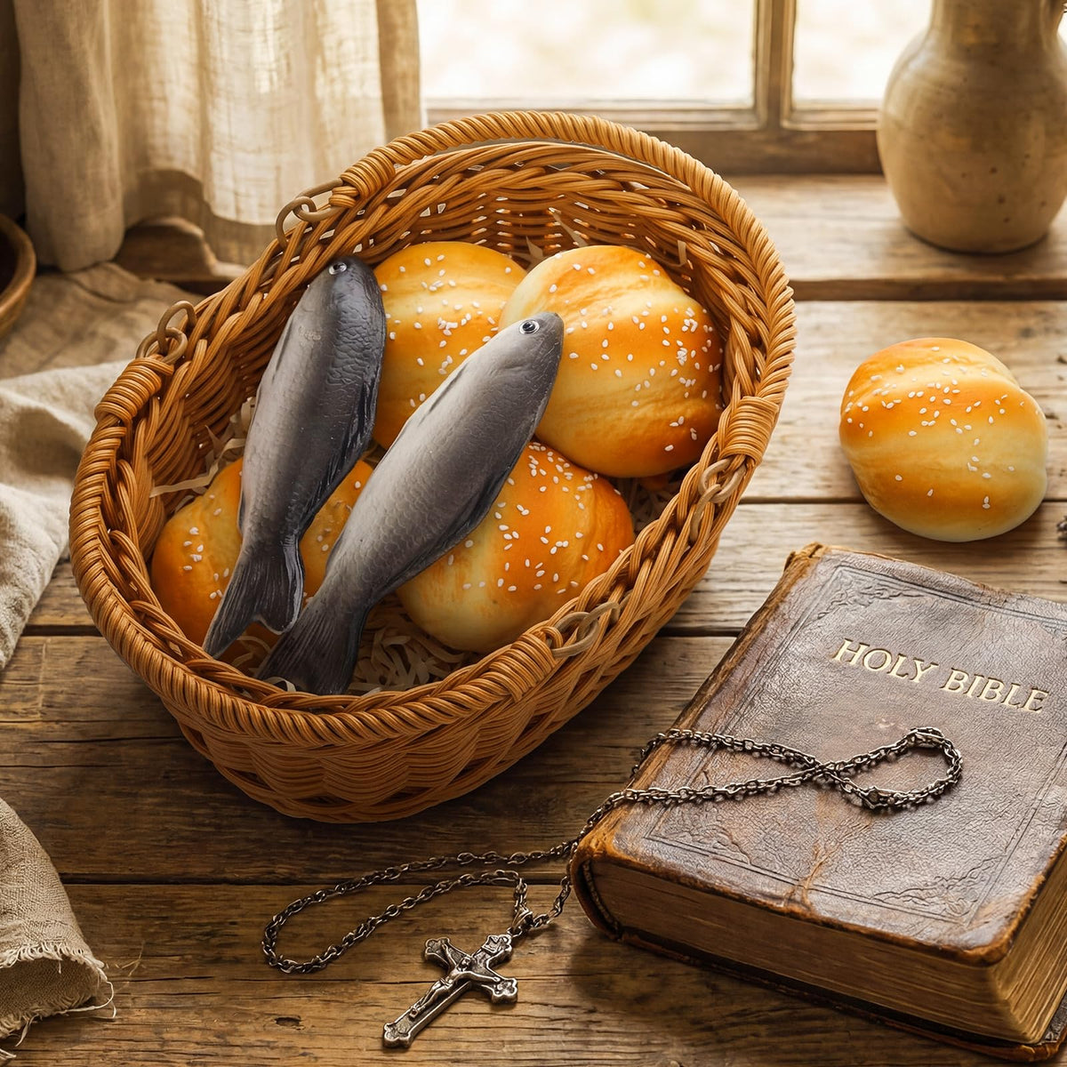 Shappy miracle loaves and fish set: wooden basket prop for display and teaching