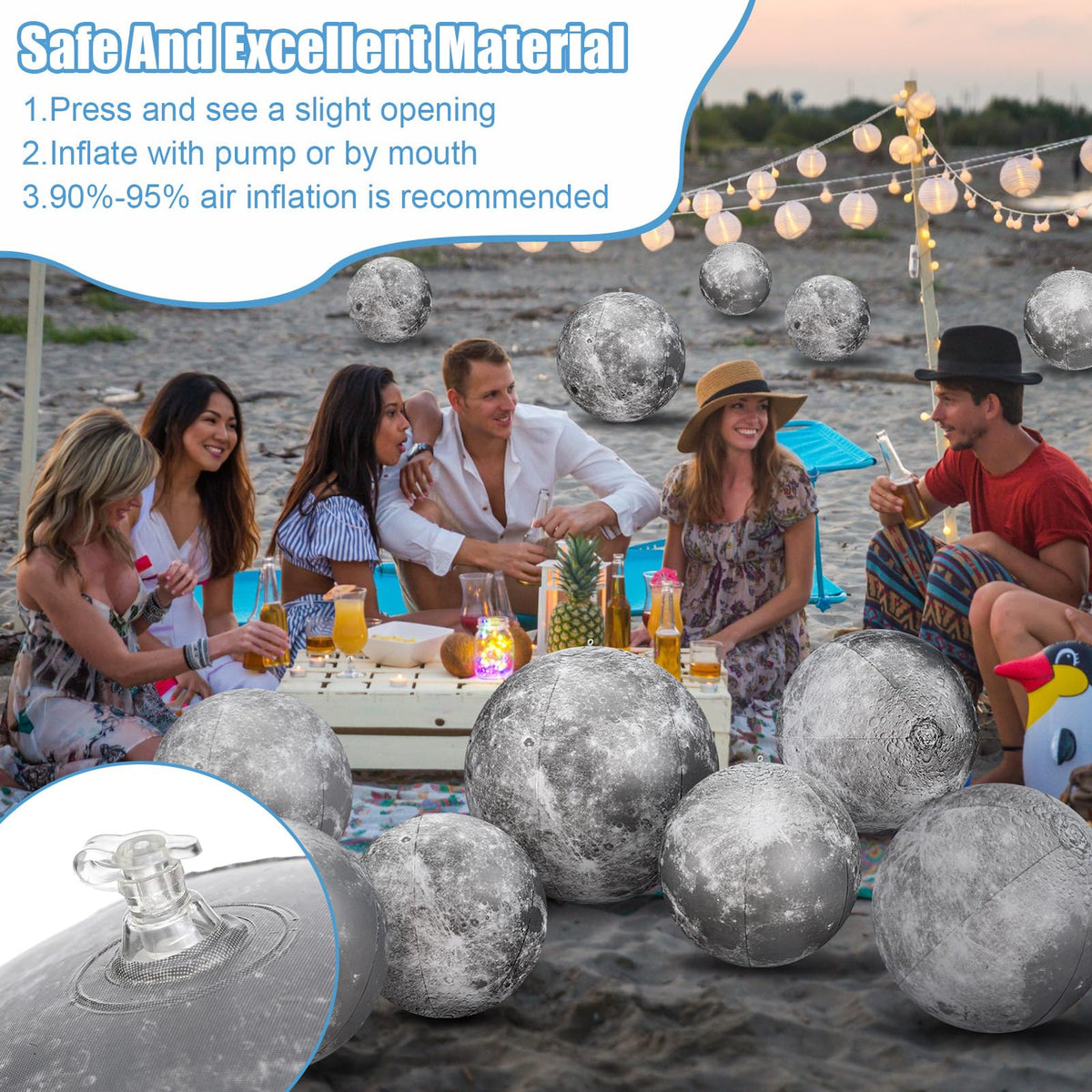 Shappy moon inflatable ball 16-inch with surface detail for realistic space demonstrations.