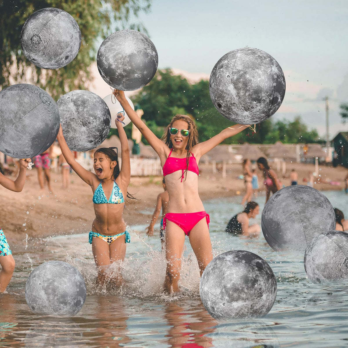Shappy moon inflatable ball 24-inch with surface detail for dramatic space lessons.