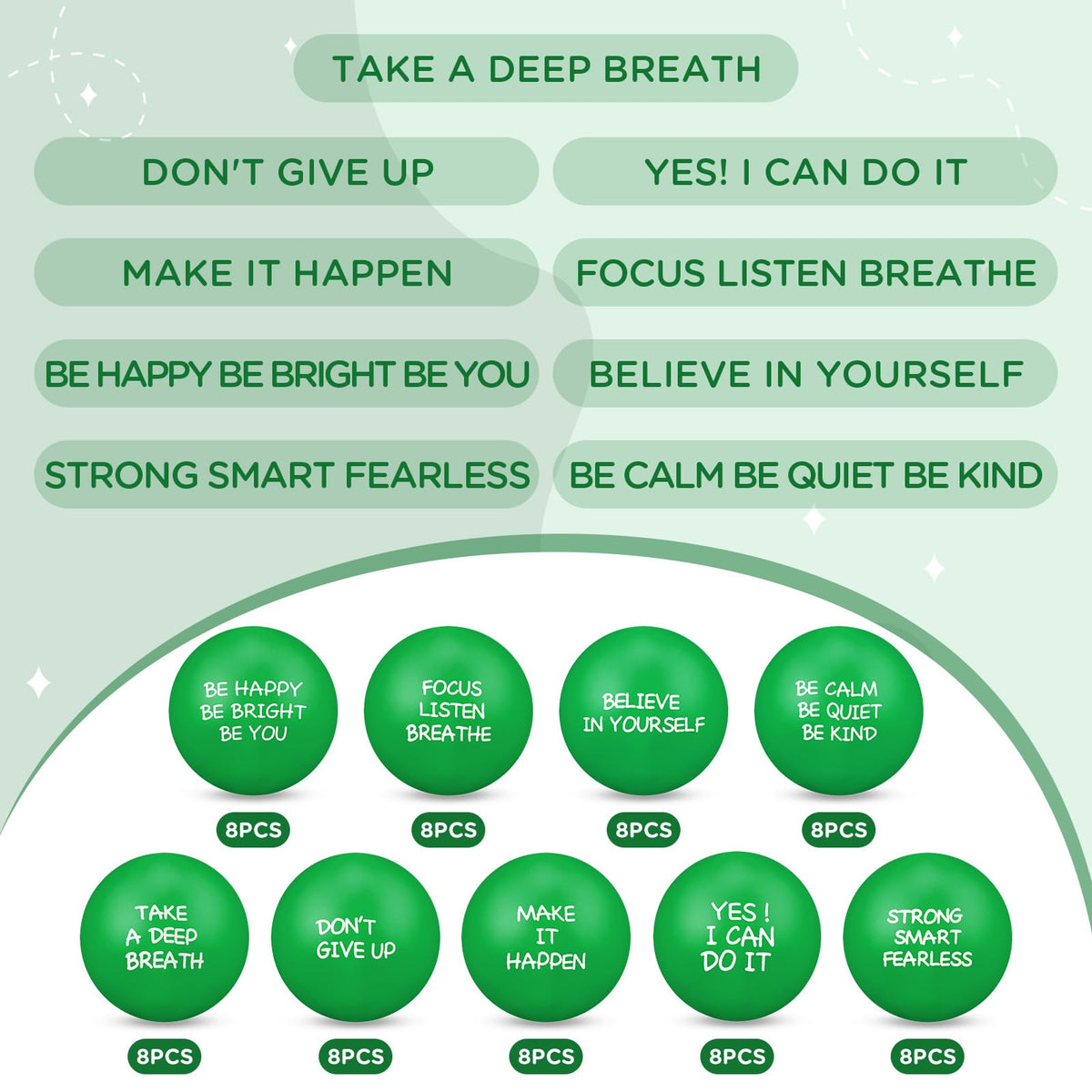 Shappy motivational stress balls feature calming colors and inspiring phrases for daily encouragement.