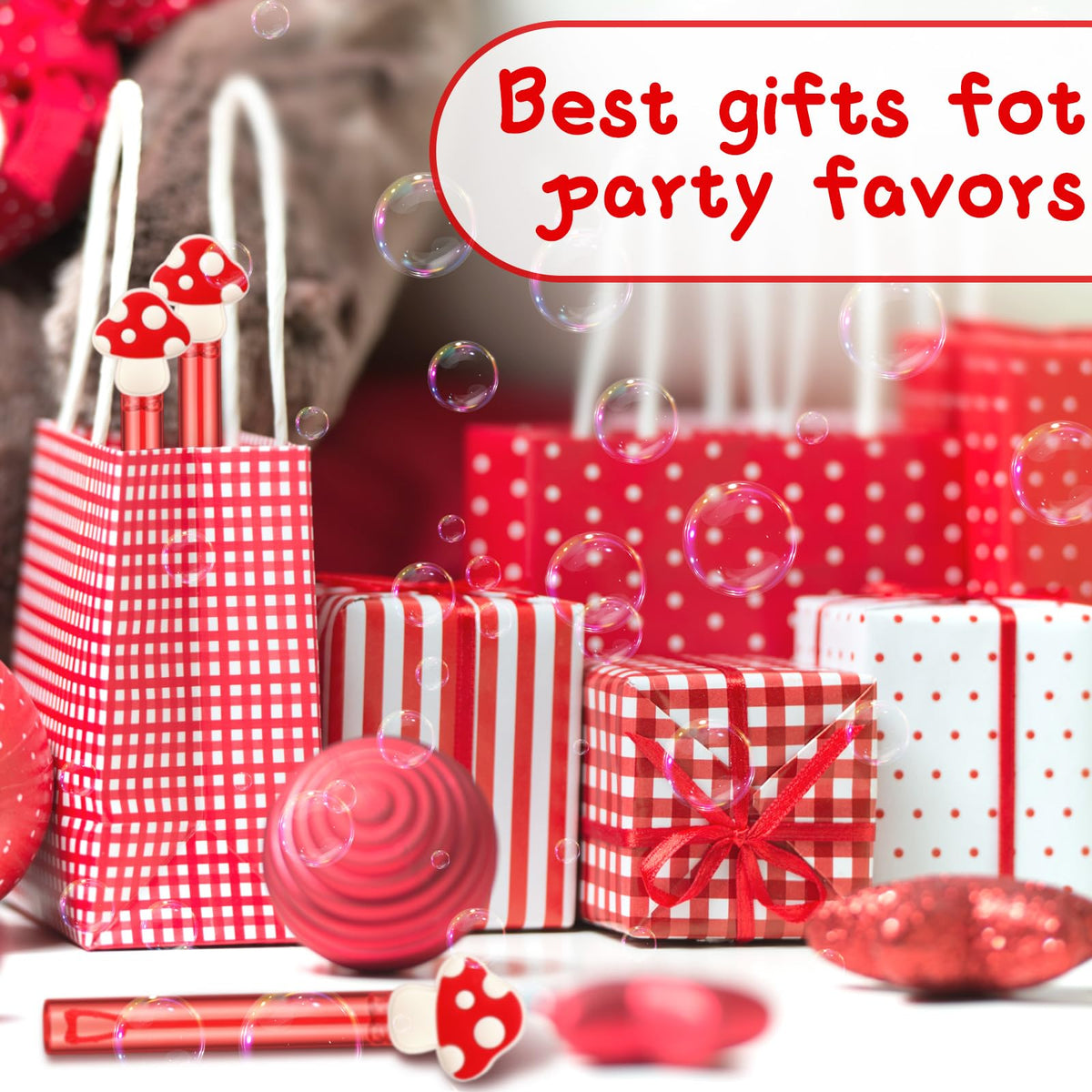 Shappy mushroom bubble wand with vibrant red and white colors for festive mood.