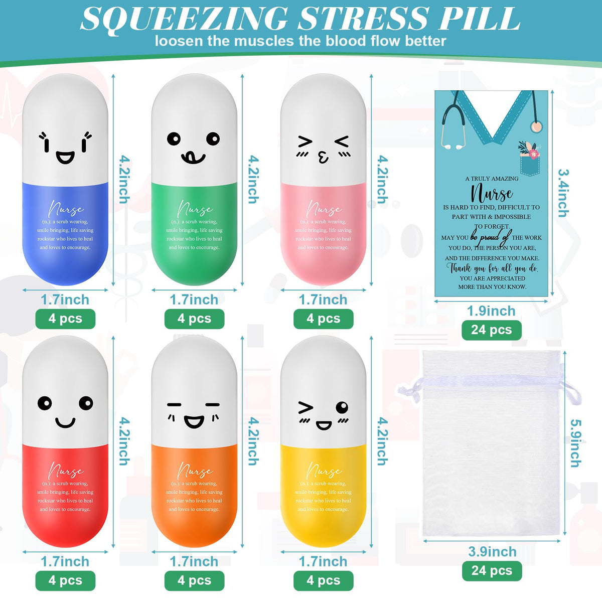 Shappy nurse-pill stress ball with color variety and expressions.