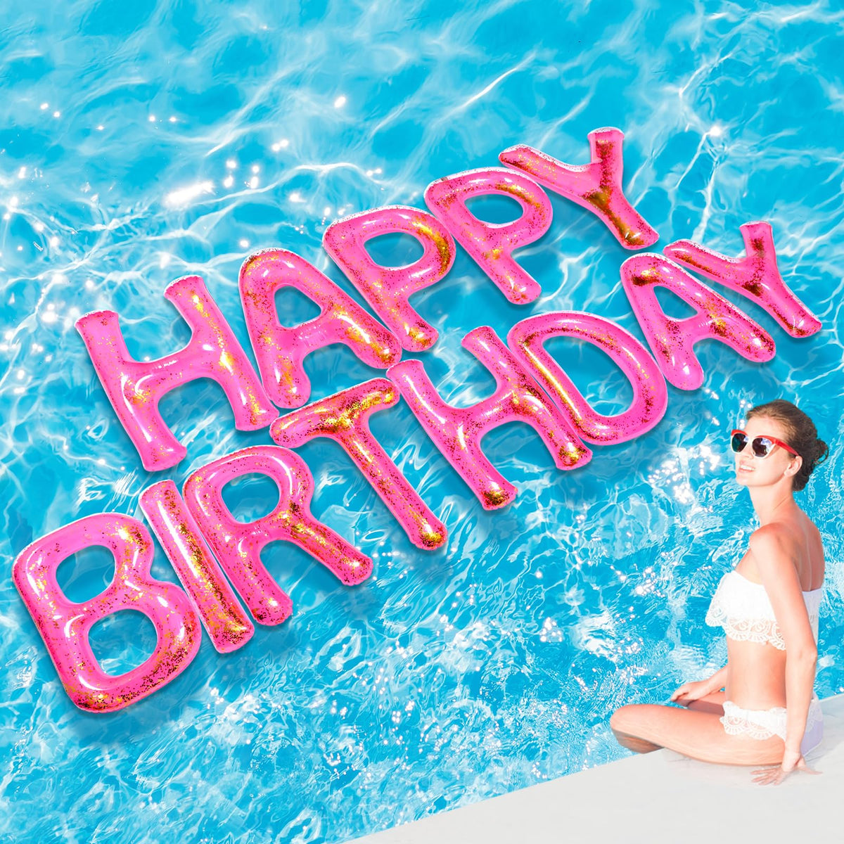 Shappy pink 20-inch Happy Birthday pool letters display for a sunny, eye-catching celebration