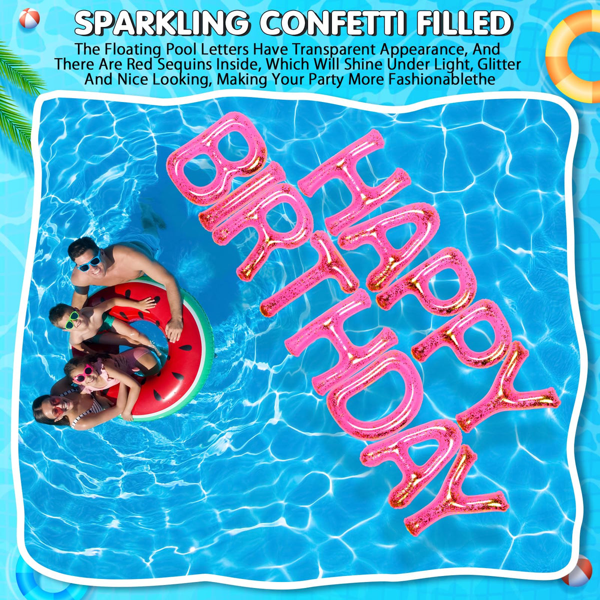 Shappy pink birthday pool scene with letters ready for photo moments