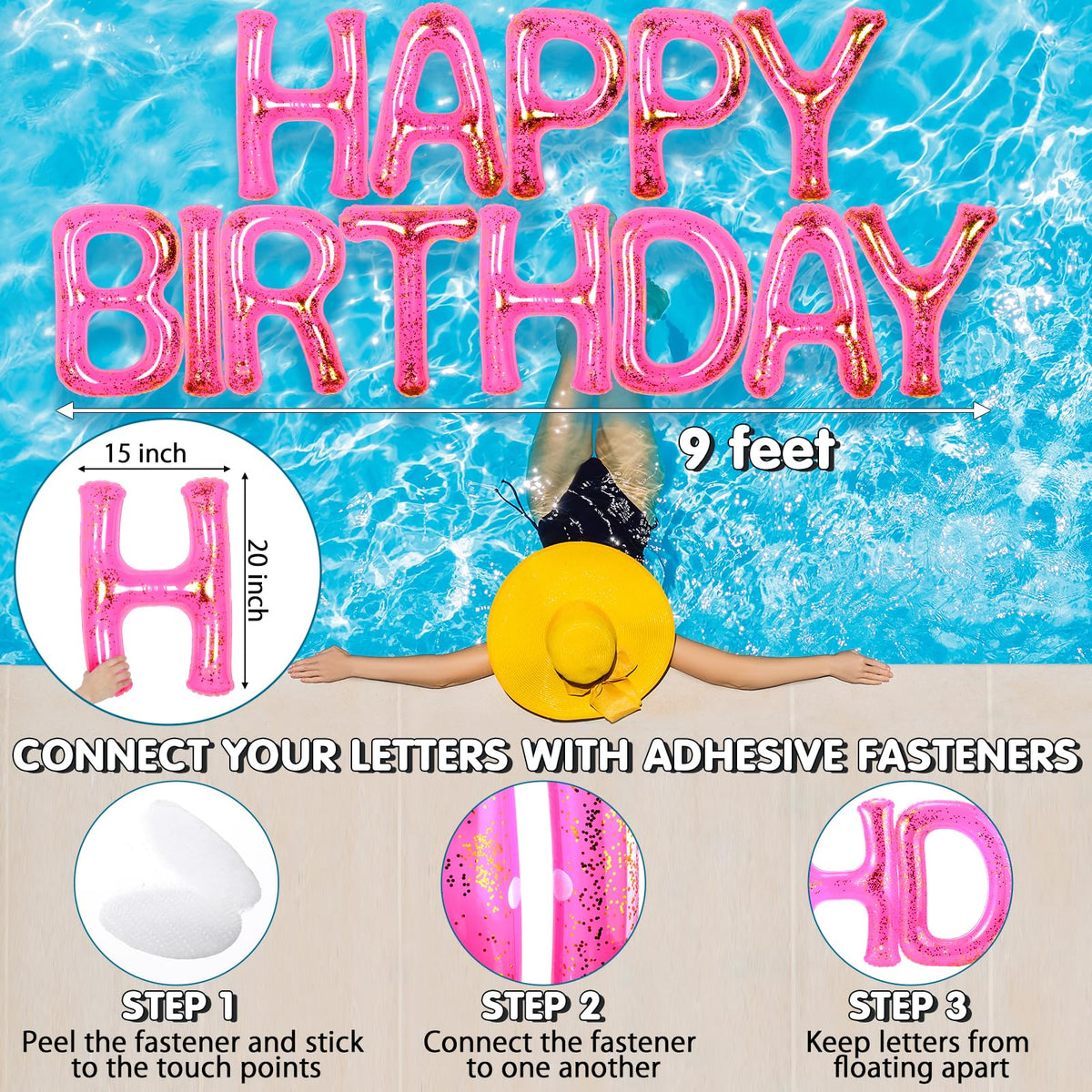 Shappy pink sequined letters close-up emphasizes glittery decor for memorable pool parties