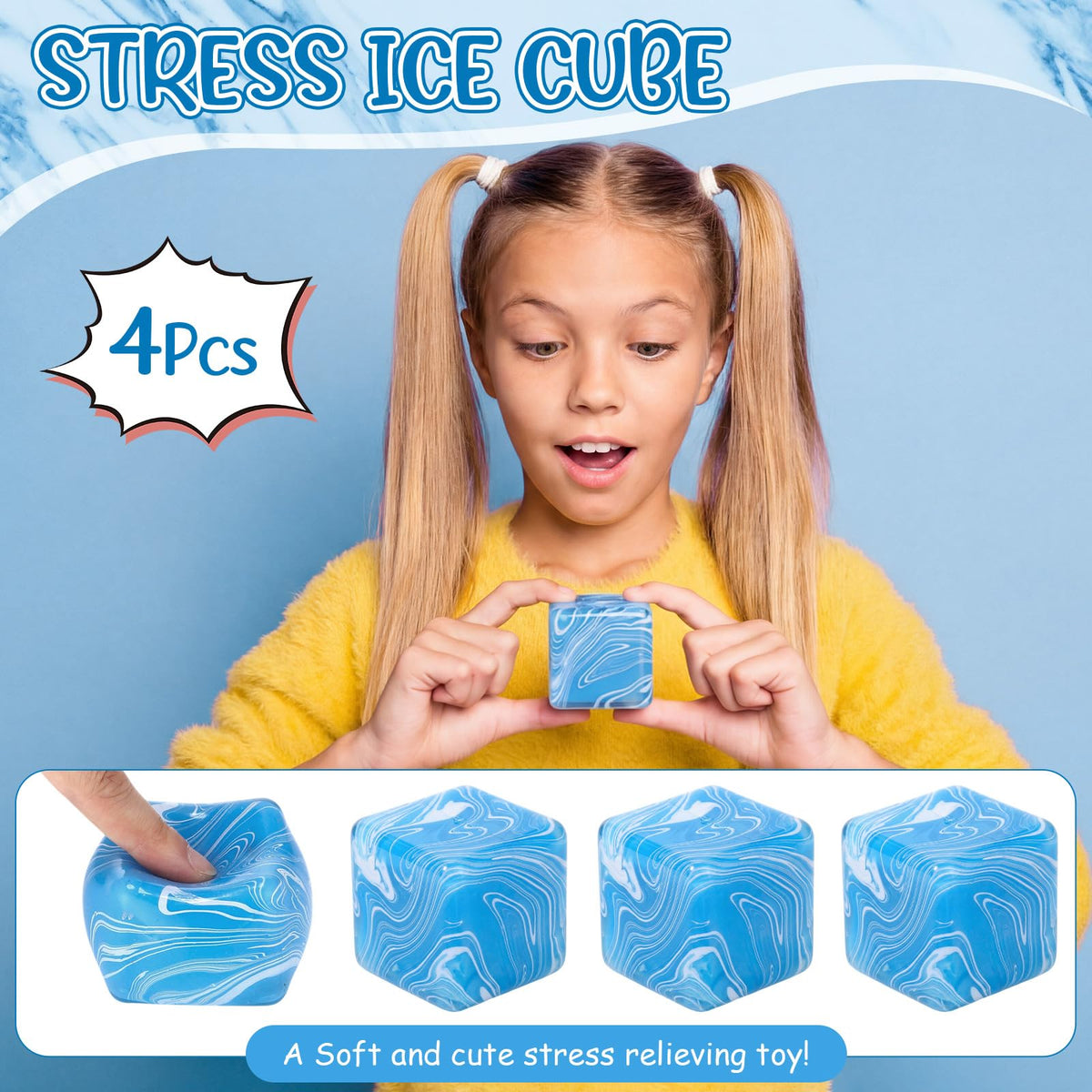 Shappy stress ice cube blue closeup texture, soft and squeezable surface