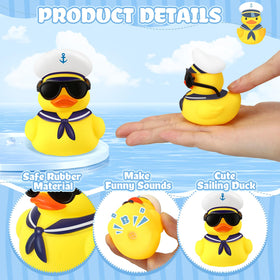 Shappy yellow rubber duck close-up showing tiny sunglasses for playful charm.
