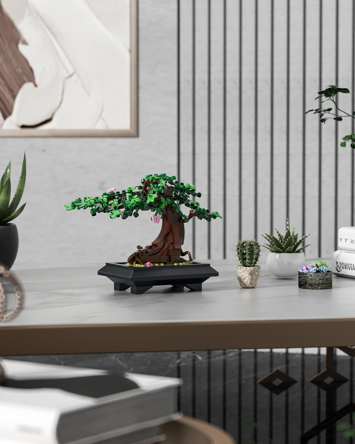 SHAREHB Bonsai Tree Building Set features lush green leaves for calming desk decor.
